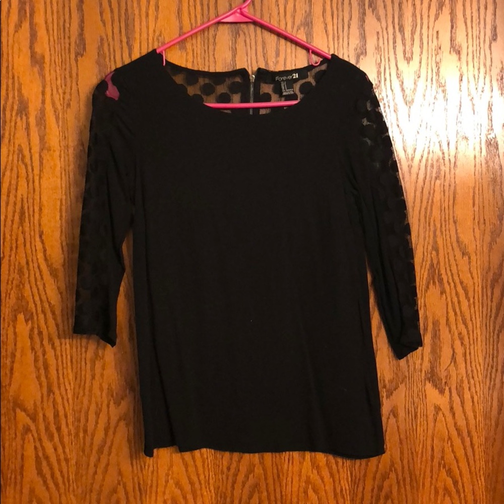 Black tunic top with sheer Polka dot 3/4 sleeve